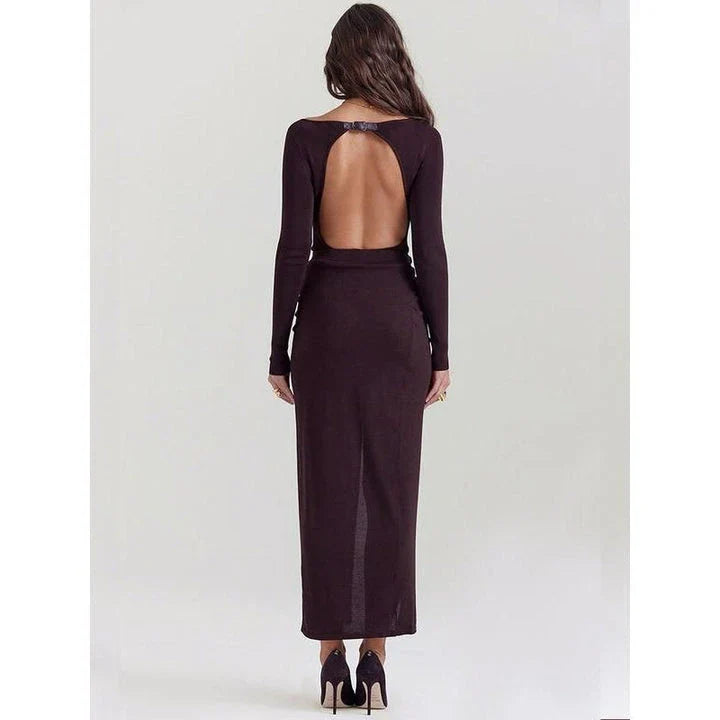 Elegant Pleated Maxi Dress in Brown, featuring a sophisticated o-neckline, full-length sleeves, and a captivating backless design.