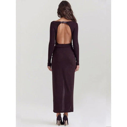 Elegant Pleated Maxi Dress in Brown, featuring a sophisticated o-neckline, full-length sleeves, and a captivating backless design.
