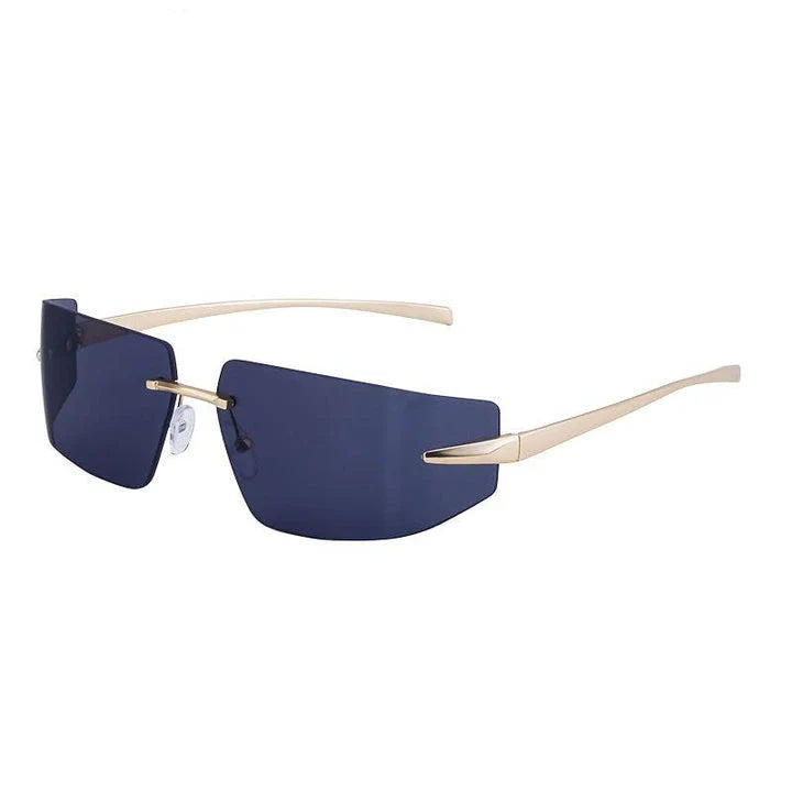 Elegant rimless rectangular sunglasses with a sleek, minimalist design and contemporary silhouette