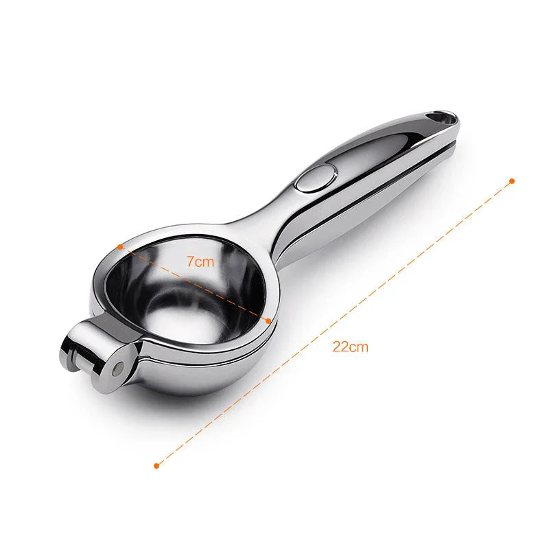 A high-quality manual lemon squeezer made of stainless steel for extracting fresh citrus juice