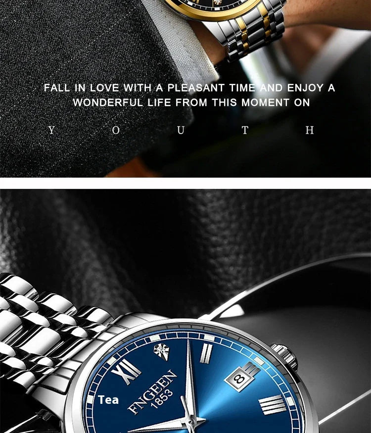 Premium automatic mechanical watch with leather strap, featuring a stainless steel case, luminous hands and markers, and a stylish British-inspired design