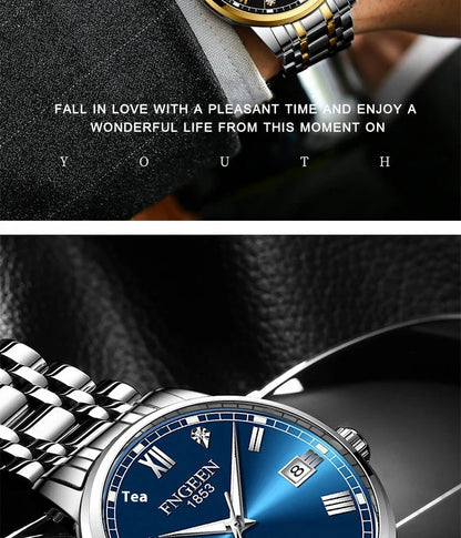 Premium automatic mechanical watch with leather strap, featuring a stainless steel case, luminous hands and markers, and a stylish British-inspired design
