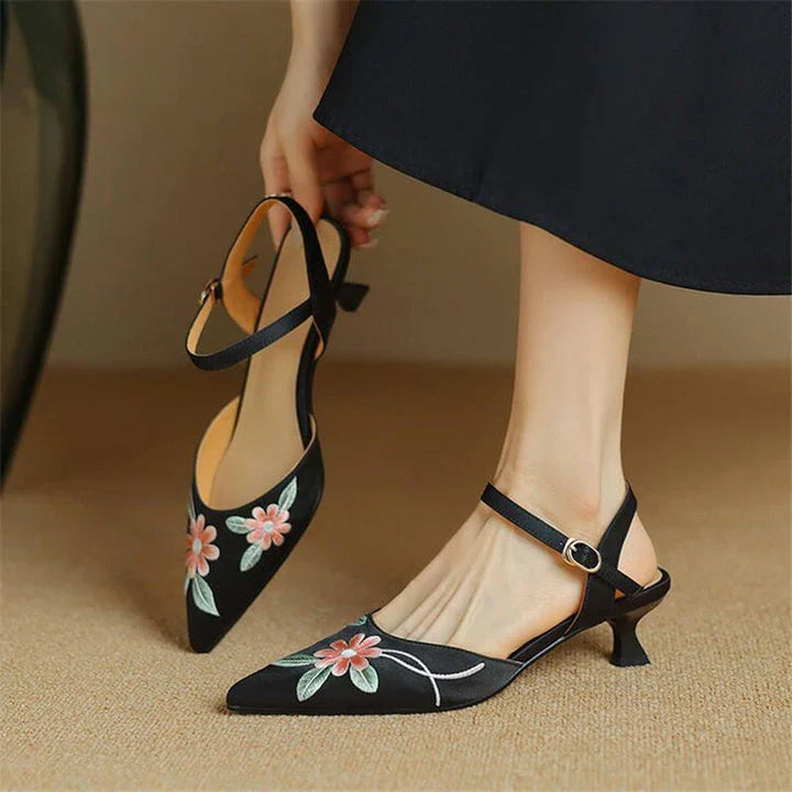 Elegant Embroidered Pointed Toe Sandals with Spike Heels in Black