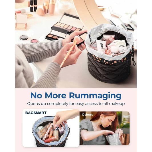 Premium waterproof drawstring cosmetic bag with elastic pockets for organised makeup storage and easy access