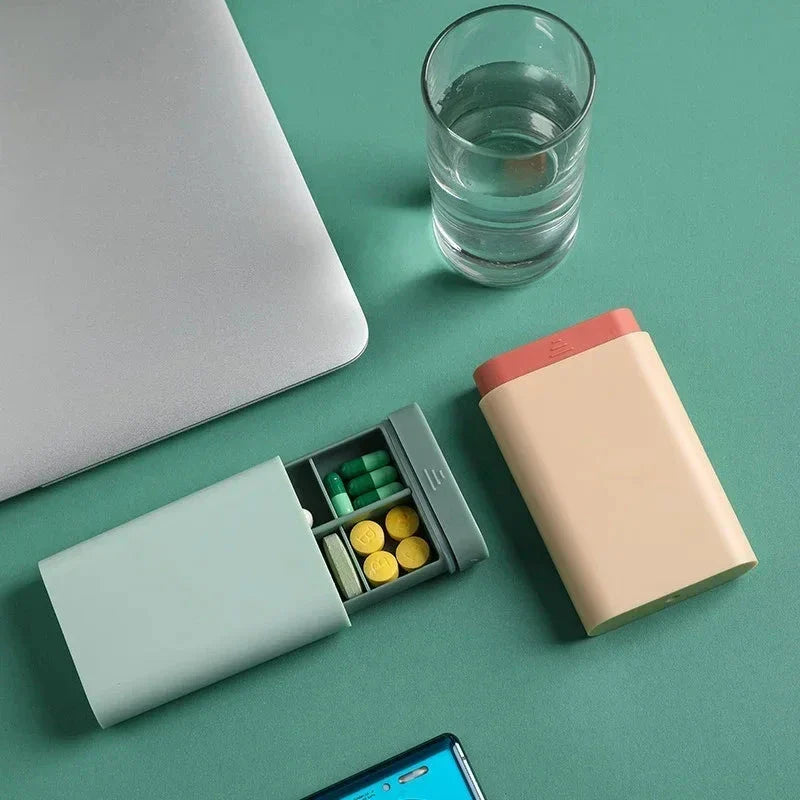 Compact 7-day portable pill organiser with six grids for storing daily medications, supplements, and vitamins