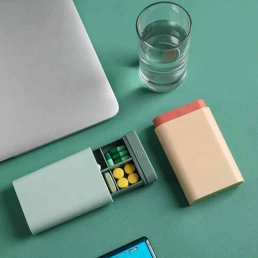 Compact 7-day portable pill organiser with six grids for storing daily medications, supplements, and vitamins