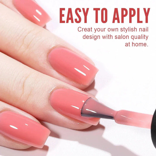 Vibrant jelly strawberry gel nail polish in a 10ml bottle, providing long-lasting, chip-resistant wear for professional-quality nails at home.
