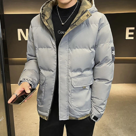 A premium hooded down coat in black, designed for stylish British gentlemen with superior warmth and weather-resistant construction.