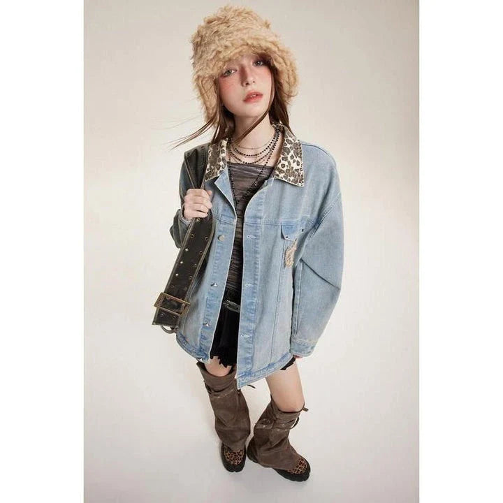 Stylish leopard print denim jacket with a comfortable and versatile design