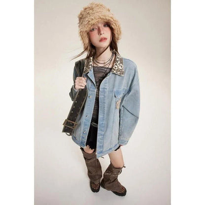 Stylish leopard print denim jacket with a comfortable and versatile design