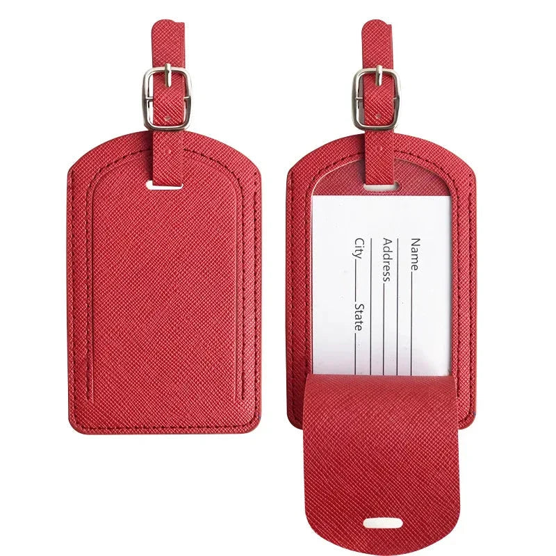 Premium PU leather luggage tag with secure strap and compact design for modern travellers