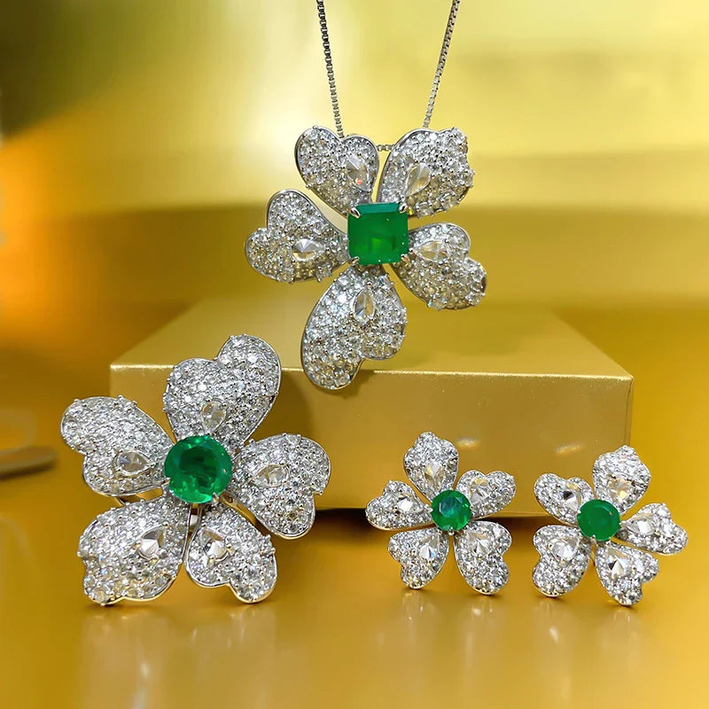 Elegant 925 silver-plated emerald flower earrings with sparkling stones
