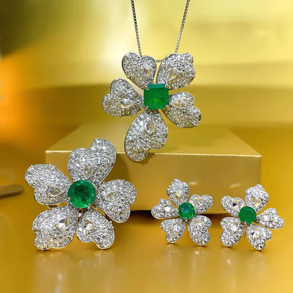 Elegant 925 silver-plated emerald flower earrings with sparkling stones