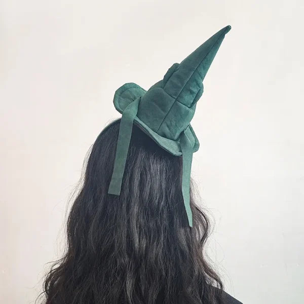 Sortband Halloween Witch Hat Headband in red, green, and brown colours with a detachable witch hat design