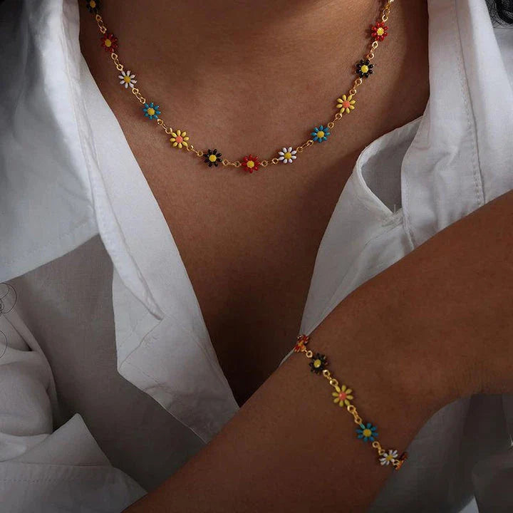 Bohemian-inspired stainless steel flower necklace and bracelet set in vibrant colours