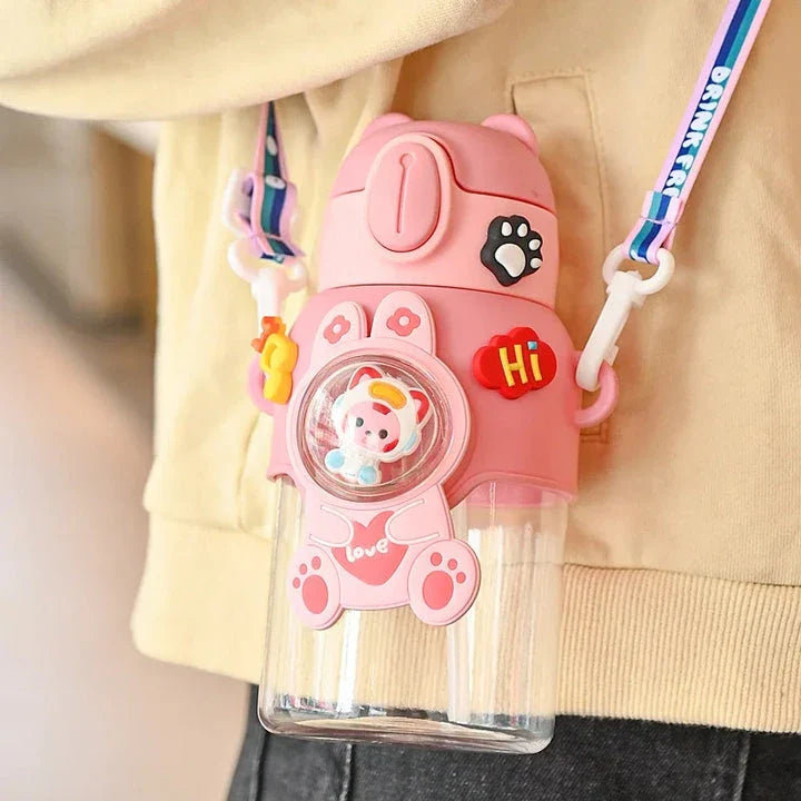 Colourful, durable Kids Cartoon Water Bottle with straw and carrying strap, designed for children's hydration needs