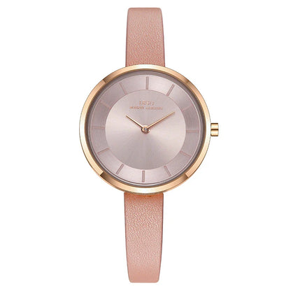 Stylish slim ladies' waterproof watch in various colours, including black, tan, grey, and white, with rose gold or silver accents.