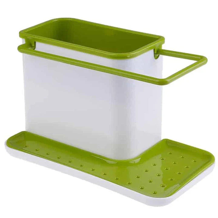 A premium multifunctional kitchen organiser with storage compartments, a towel rail, and a drip tray for keeping your sink area tidy and organised.