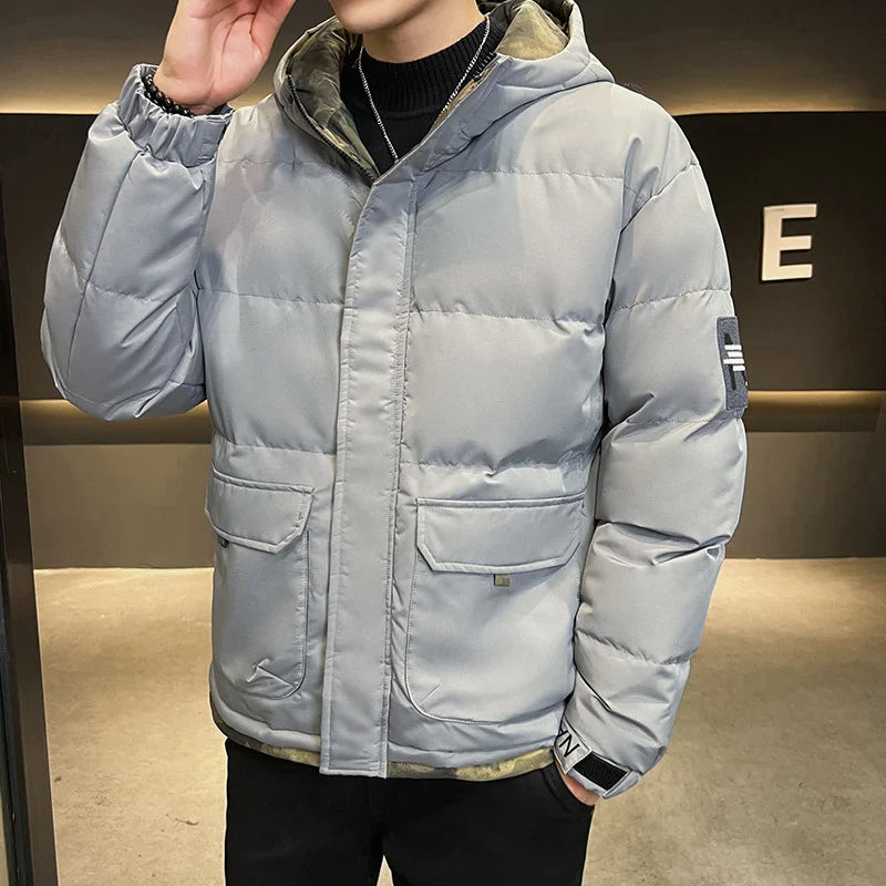 A premium hooded down coat in black, designed for stylish British gentlemen with superior warmth and weather-resistant construction.