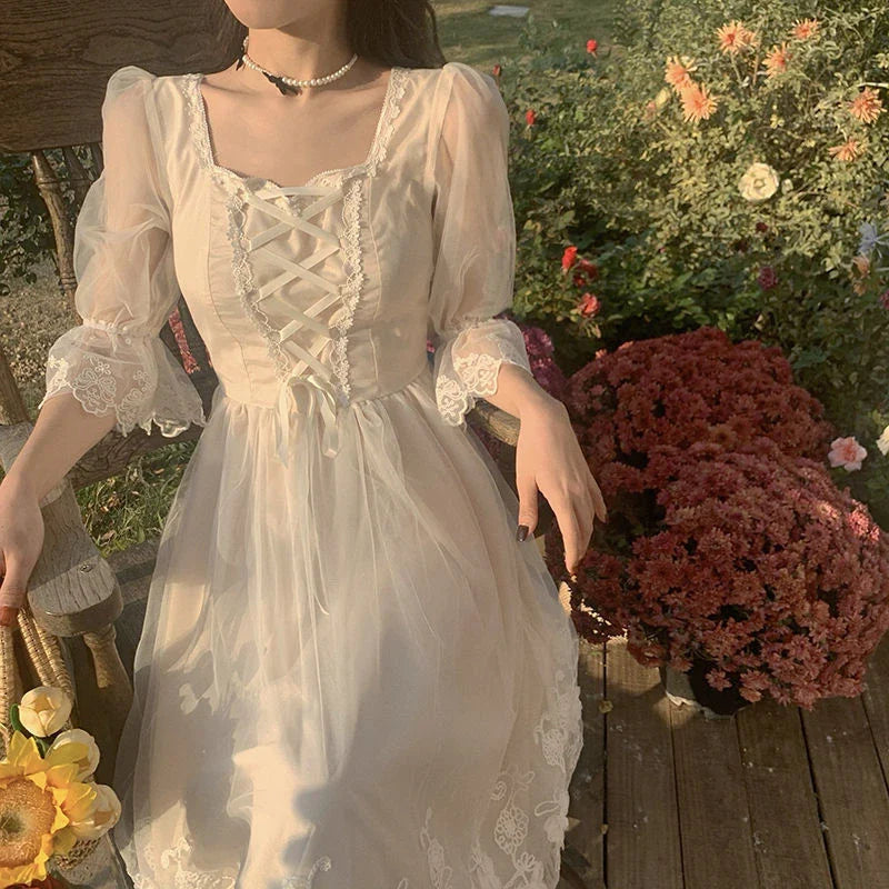 Floral Retro Tea Dress with Flowing Skirt in White Colour