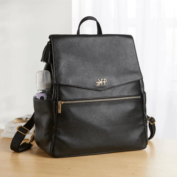 Premium PU leather mummy bag in light grey with stylish striped pattern, designed for the modern UK parent