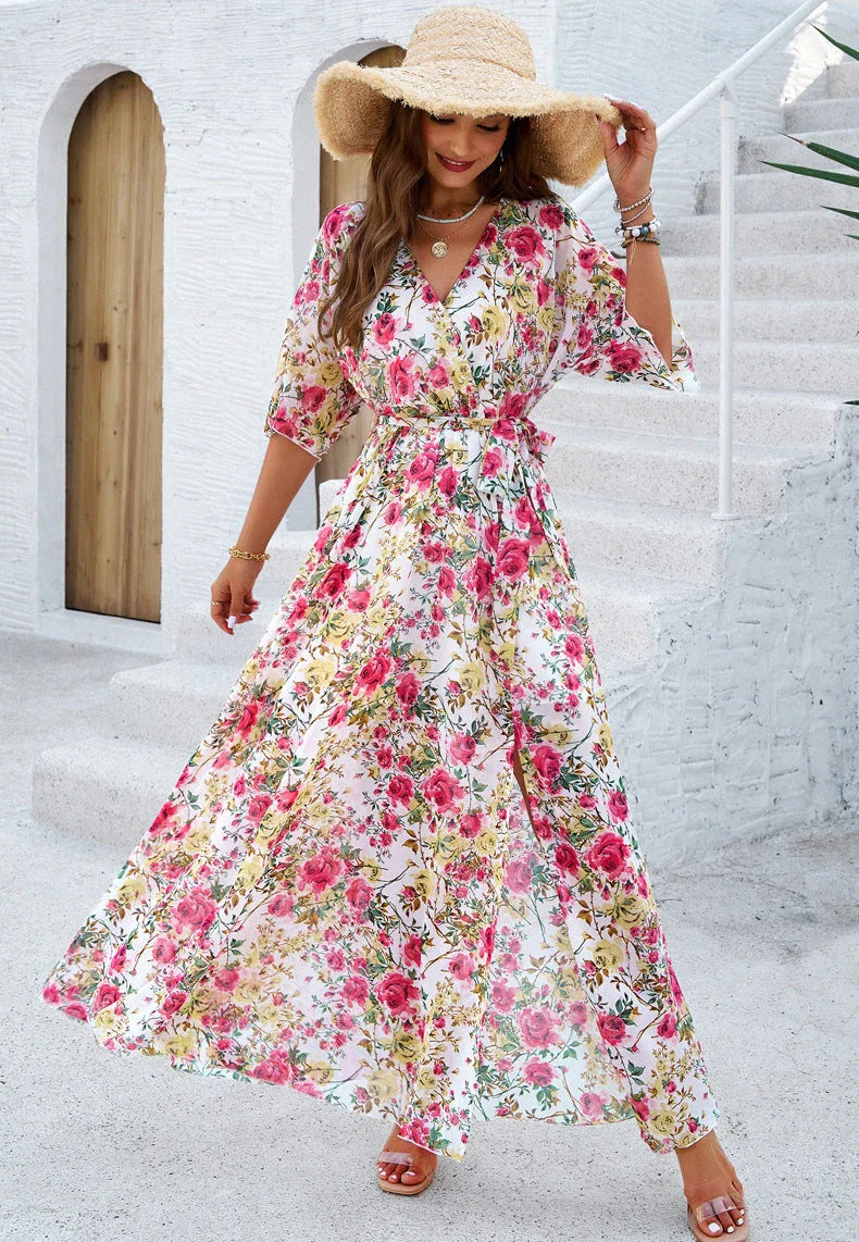 Elegant V-Neck Floral Print Dress with Cinched Waist - Ankle-Length, Stretch Fabric, Versatile Design