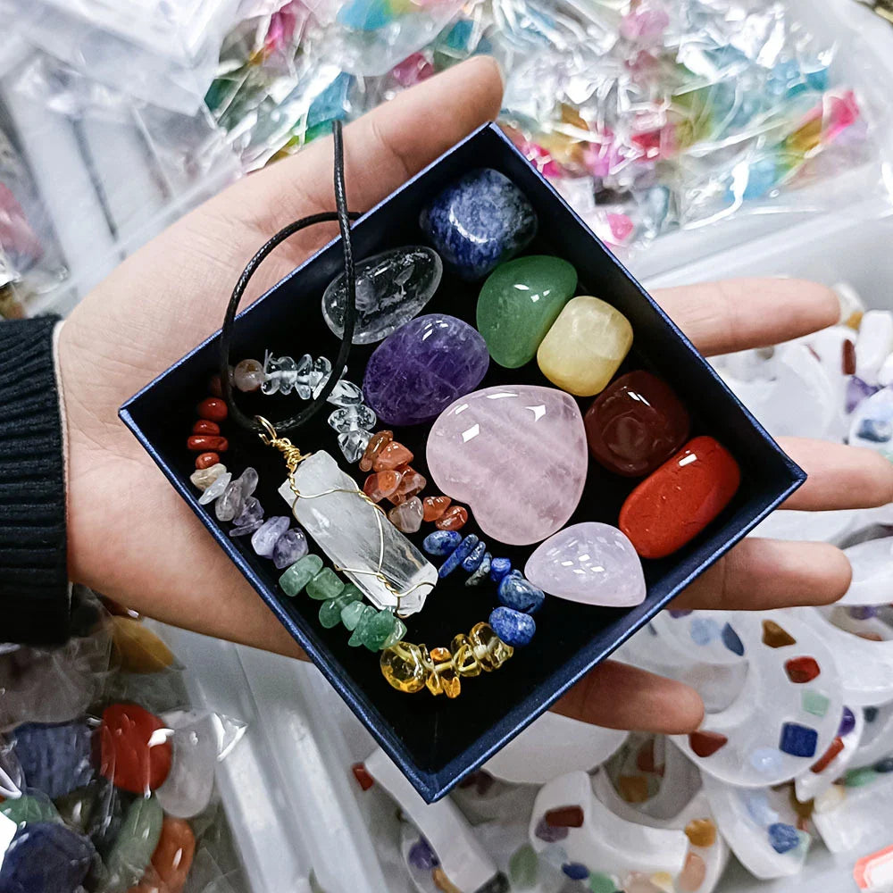 Elegant crystal jade chakra set with love hexagon pillar, natural stones for meditation and energy healing