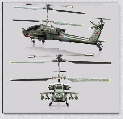 Military-inspired RC helicopter with gyroscope stabilisation and vibrant LED lights for indoor aerial maneuvers and stunts