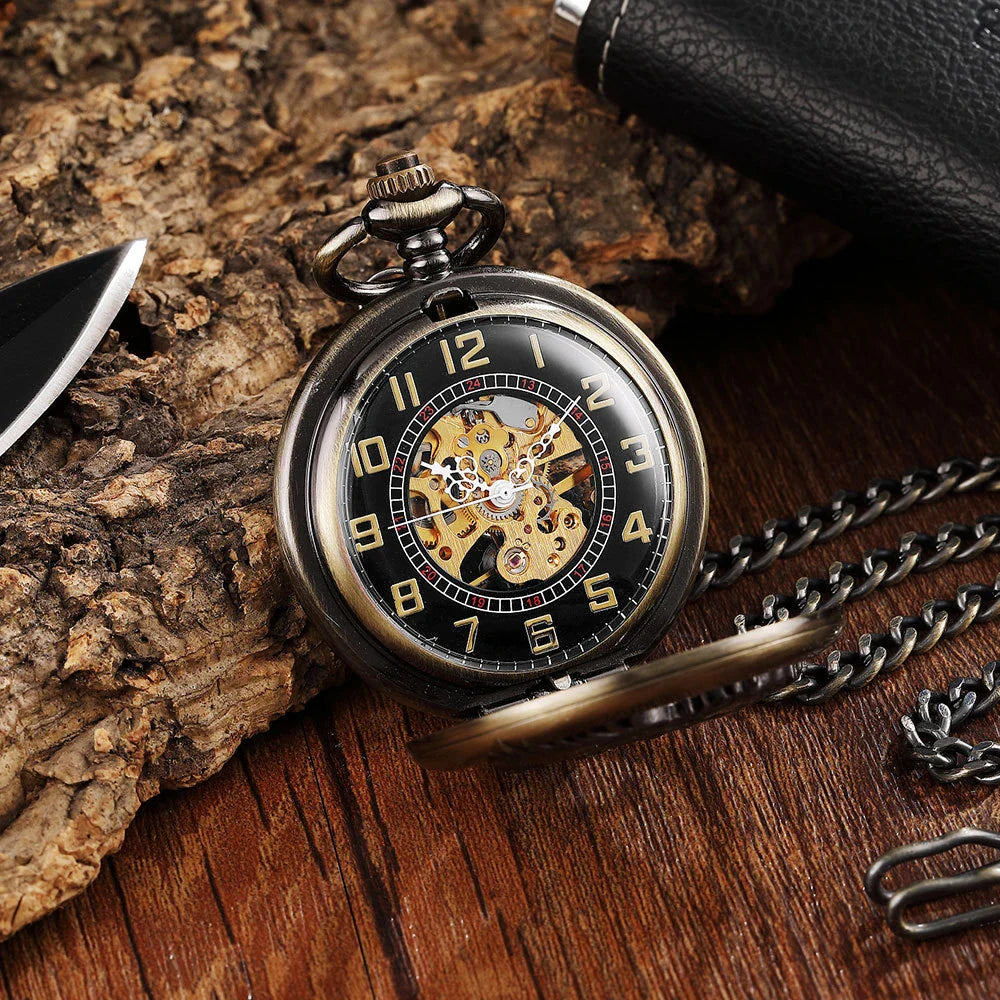 Exquisite gold-toned vintage-style pocket watch necklace with a mechanical movement and sturdy chain
