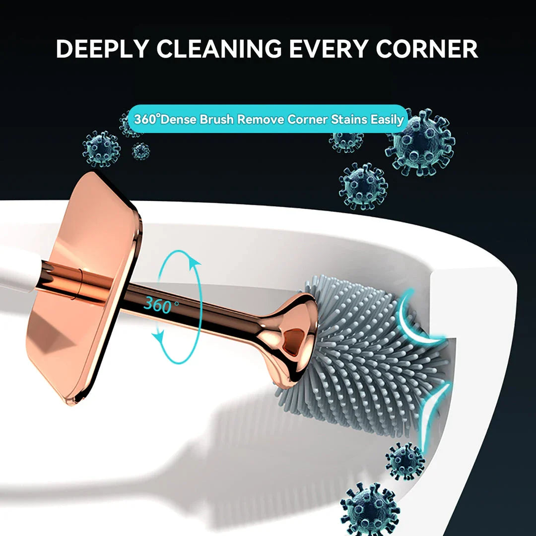 Premium silicone toilet brush and holder set in black and white with rose gold accents, designed for effortless bathroom cleaning and elegant decor