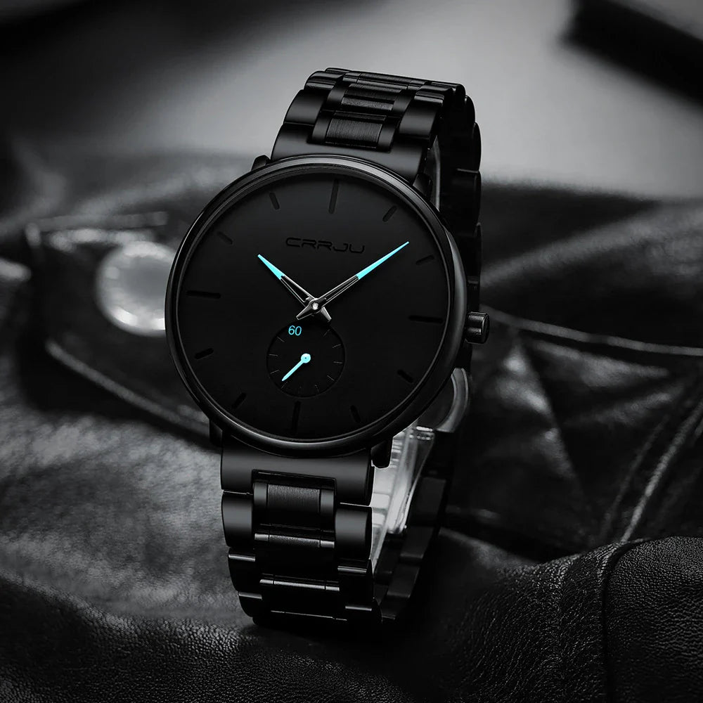 A stylish stainless steel waterproof watch with a sleek design and various coloured needle options