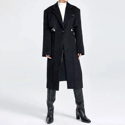 Elegant autumn-winter woollen overcoat with waist cut-out design, turn-down collar, and single-button closure