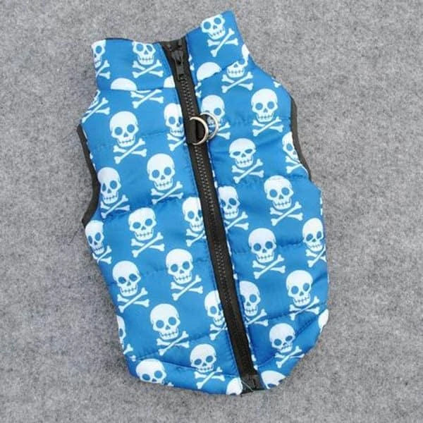 A cosy and stylish winter jacket for pets, featuring vibrant printed patterns and a snug, comfortable fit.