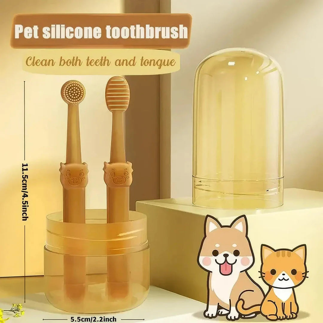 Premium pet dental care kit with dual-sided toothbrush and silicone handle for dogs and cats