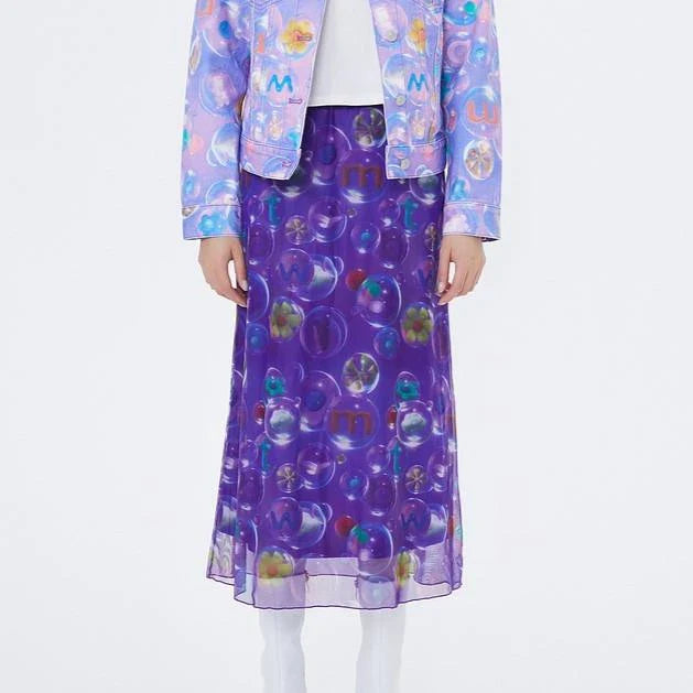 Elegant floral midi skirt with Chinese-inspired design, made of breathable polyester mesh fabric