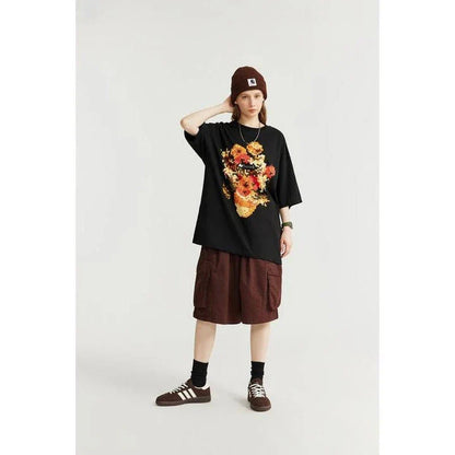 Trendy metallic sunflower print t-shirt in black and khaki colours, made from soft and breathable cotton fabric