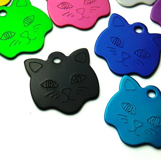 Colourful customised cat ID tags made of durable aluminium for pet identification and style