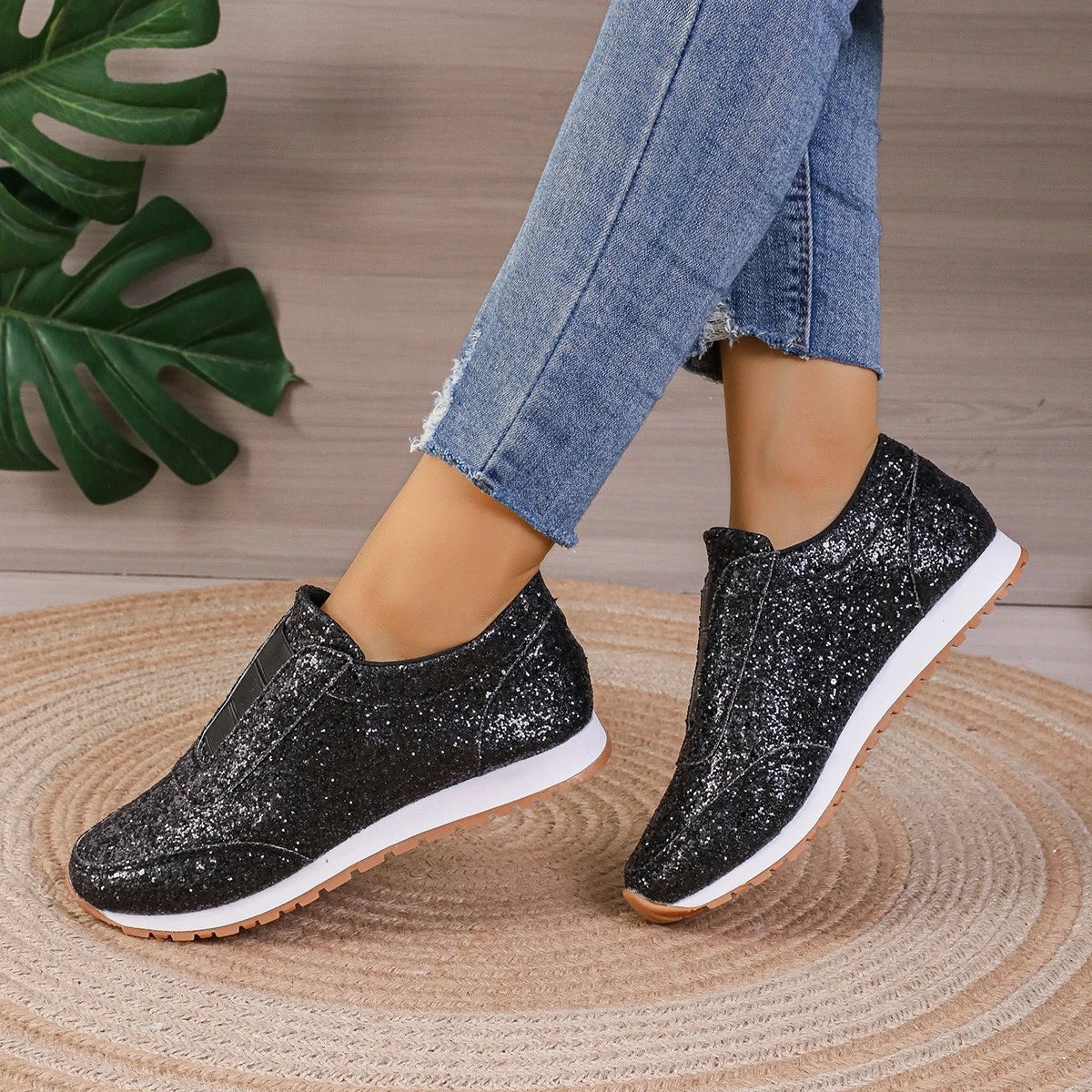 Premium sequinned flats with round toe and slip-on design, perfect for casual wear and special occasions.