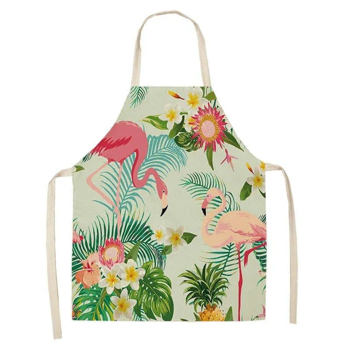 Flamingo Print Apron with Adjustable Neck Strap and Waist Ties, Made of Cotton and Linen Blend