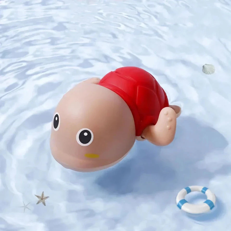 Delightful wind-up bath toys in a red turtle design, floating and moving in the water, providing fun and engaging playtime for children.