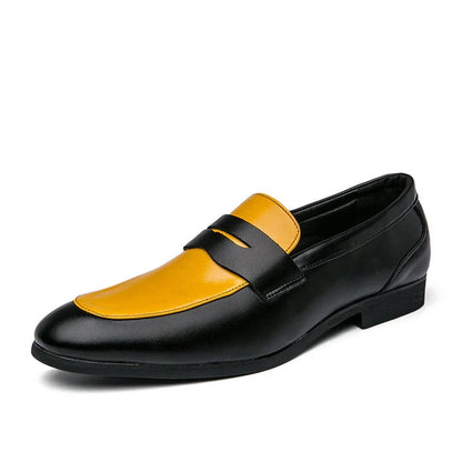 Premium British-style leather dress shoes for men in white, black, yellow, and red colour options