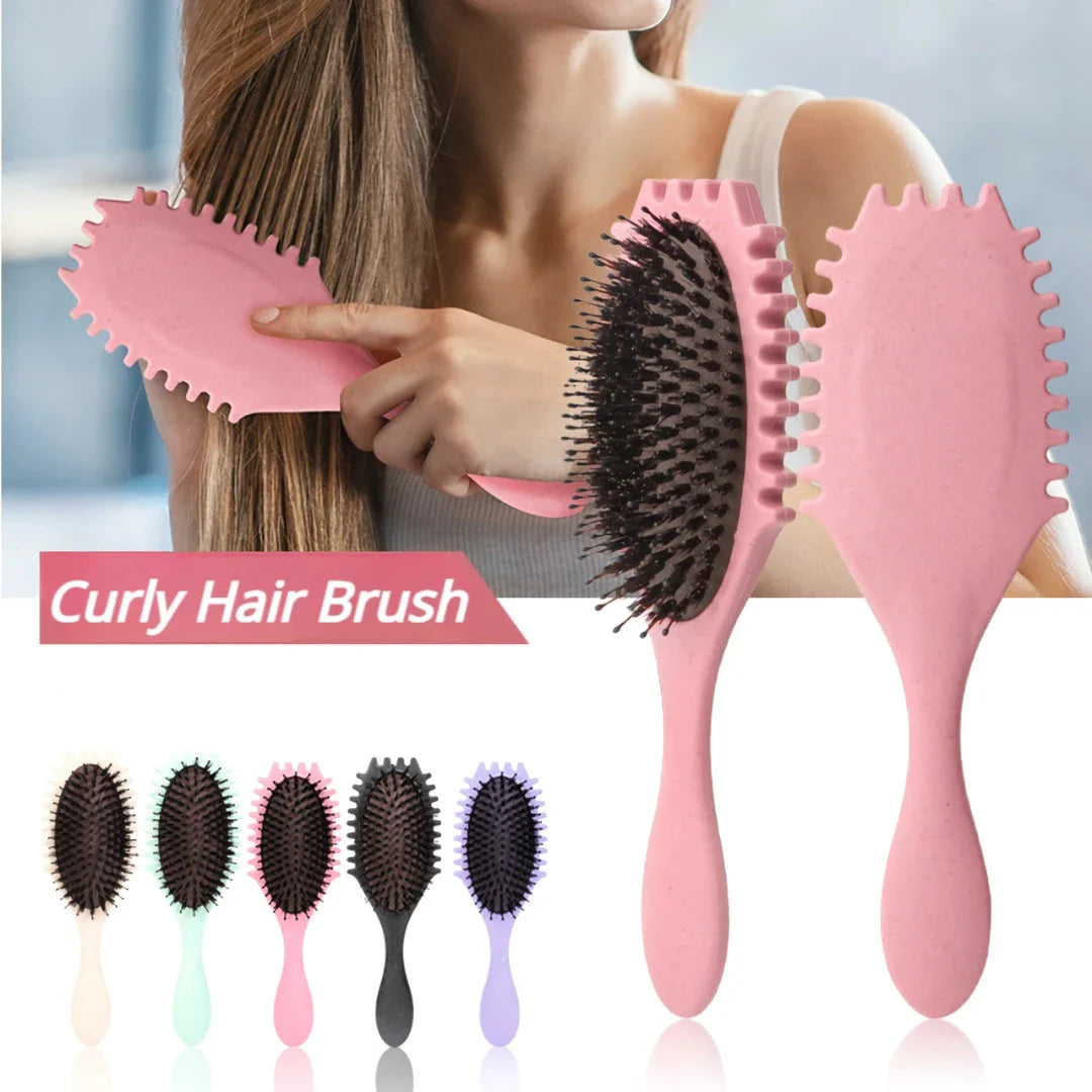 Boar Bristle Curl Defining Detangling Hair Brush in pink colour