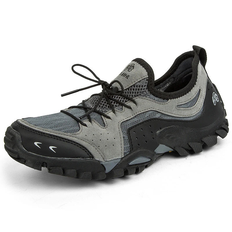 Couple wearing durable British-made mesh hiking shoes exploring the outdoors