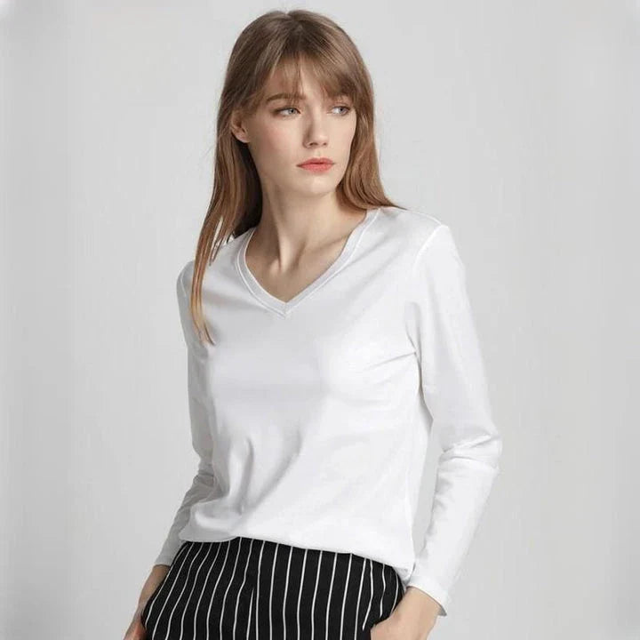 A classic long-sleeved tee in black, made from a premium blend of silk, cotton, and microfiber for a comfortable and elegant look.