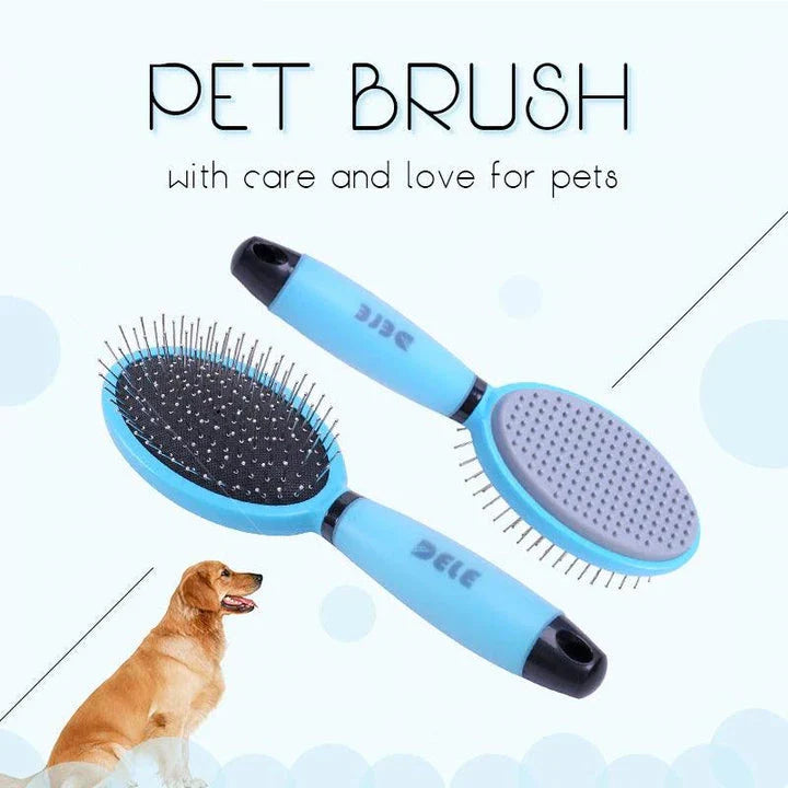 Dual-sided pet grooming and massage brush with soft bristles and metal pins for effective coat care and relaxation