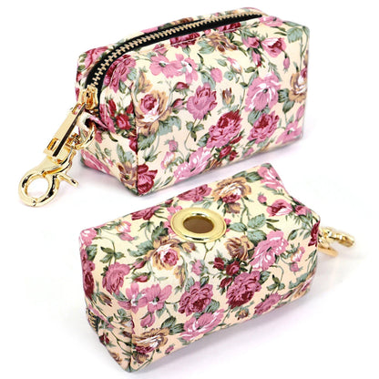 Stylish floral dog walking bag with multiple compartments for treats, snacks, waste bags, and keys
