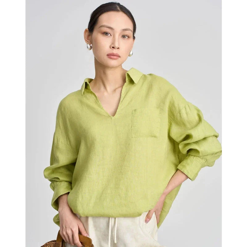 Premium linen v-neck long sleeve shirt for women in khaki colour, featuring breathable fabric and wrinkle-resistant design.