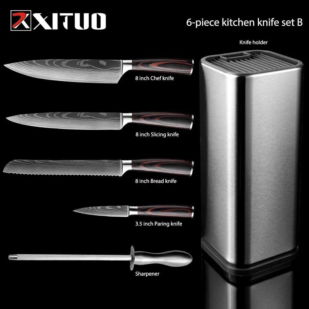 A set of three Japanese-style chef knives with stainless steel blades and ergonomic handles, perfect for slicing, dicing, and mincing in the kitchen.