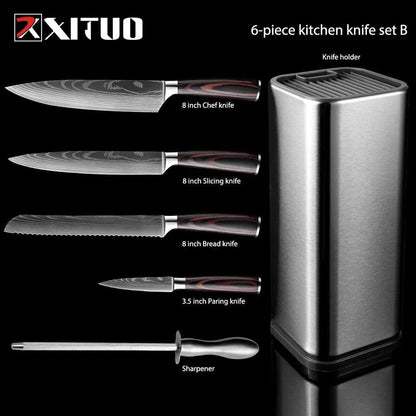 A set of three Japanese-style chef knives with stainless steel blades and ergonomic handles, perfect for slicing, dicing, and mincing in the kitchen.