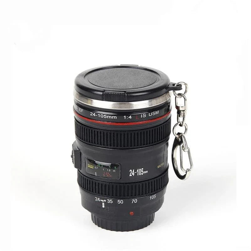 Stainless steel and plastic camera lens-shaped shot glass for serving cocktails, liqueurs, and specialty drinks